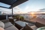 PENTHOUSE ohne SCHRÄGEN mit Vollverglasung und Wellnessterrasse inkl. Sauna und Blick über Wien - außergewöhnliche RARITÄT mit 2x Tiefgaragenplätzen im Haus / Kaufpreis inkl. LUXUS-Möblierung