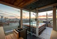 PENTHOUSE ohne SCHRÄGEN mit Vollverglasung und Wellnessterrasse inkl. Sauna und Blick über Wien - außergewöhnliche RARITÄT mit 2x Tiefgaragenplätzen im Haus / Kaufpreis inkl. LUXUS-Möblierung