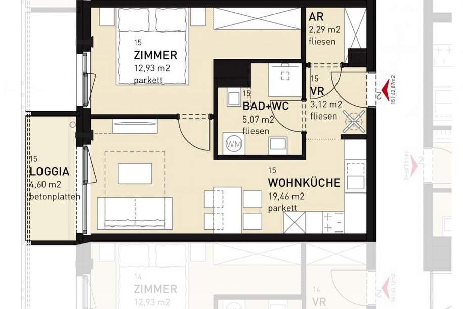2-Zimmer-Neubauwohnung inkl Einbauküche, Loggia Außenfläche und Kellerabteil / HS17 Top A-15, Wohnung-miete, 729,00,€, 1100 Wien 10., Favoriten