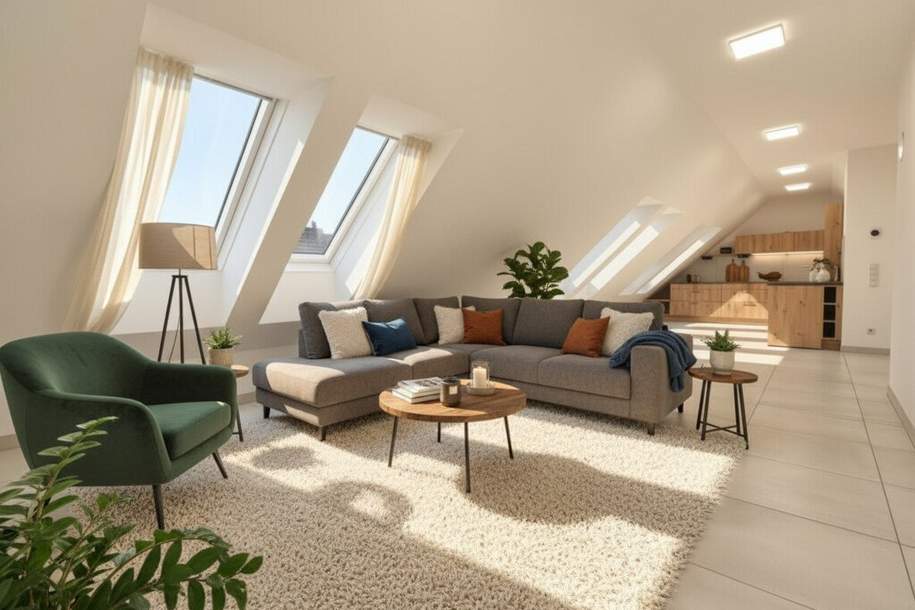 Traumhafte Dachgeschosswohnung – Erstbezug in hochwertig gebautem Wohnhaus - Klimaanlage - Moderne Küche - Gemeinschaftsgarten, Wohnung-miete, 1.390,00,€, 2232 Gänserndorf