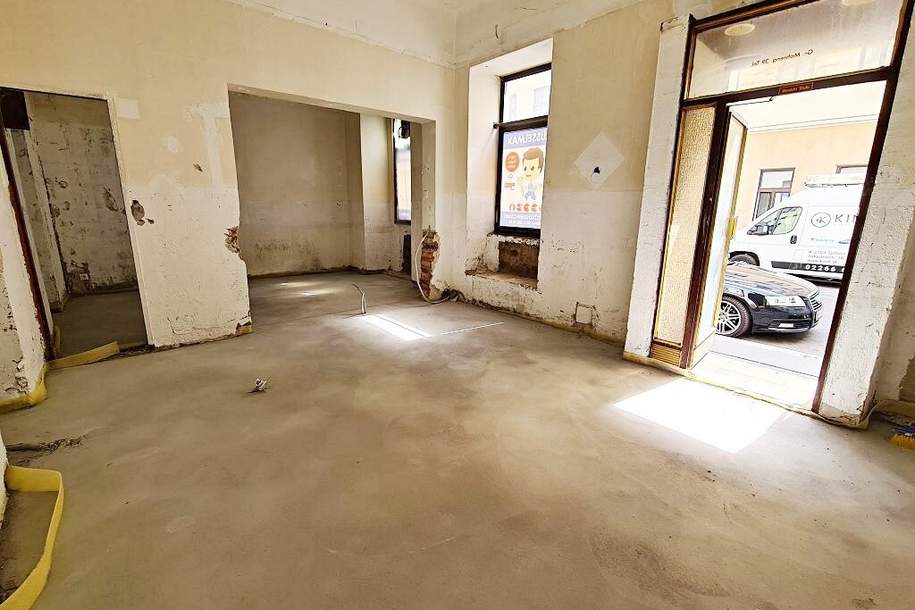 GESCHÄFTSLOKAL, BÜRO ODER LAGER; 77 m2 Altbau im Edelrohbau, 3 Zimmer, Küche, Nebenräume, Große Mohrengasse, Gewerbeobjekt-miete, 933,92,€, 1020 Wien 2., Leopoldstadt