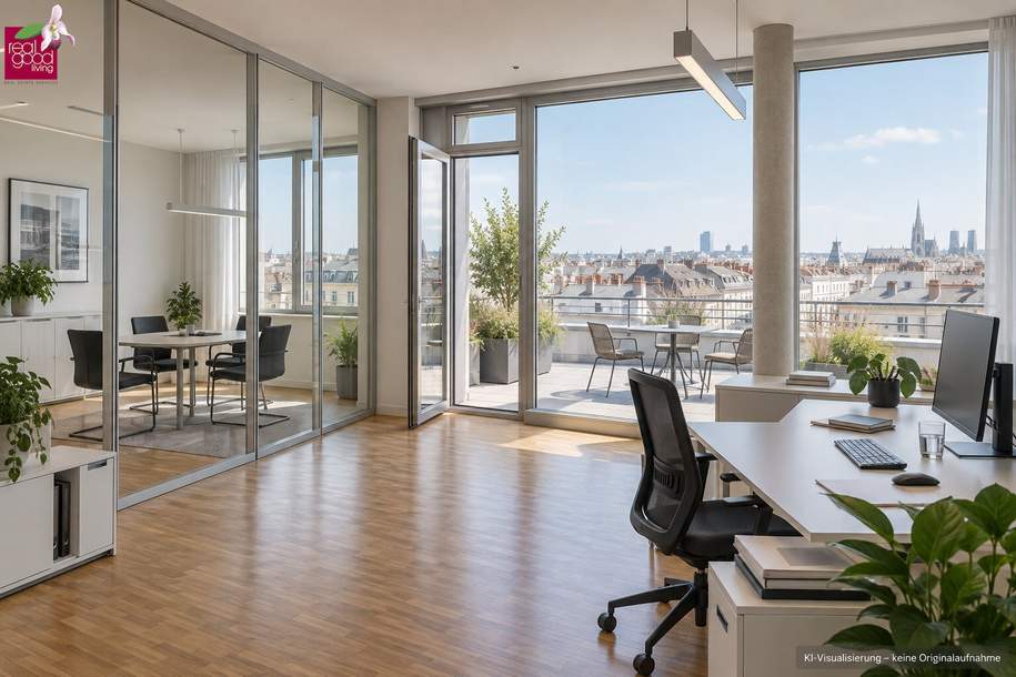 Ca. 657,45 m² Bürofläche mit Terrassen zu vermieten – Bürogrößen individuell anpassbar und mit Fernblick bis zum Stephansdom, Gewerbeobjekt-miete, 13.888,65,€, 1120 Wien 12., Meidling