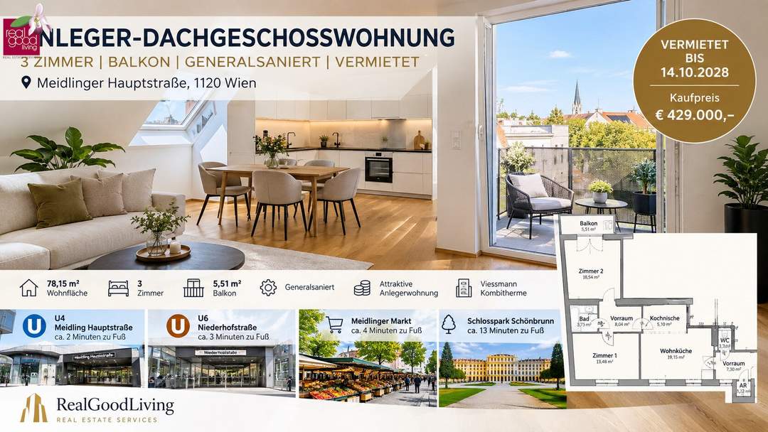 Anleger-Dachgeschoßwohnung | 3 Zimmer | Balkon | U4 & U6 fußläufig | vermietet bis 2028