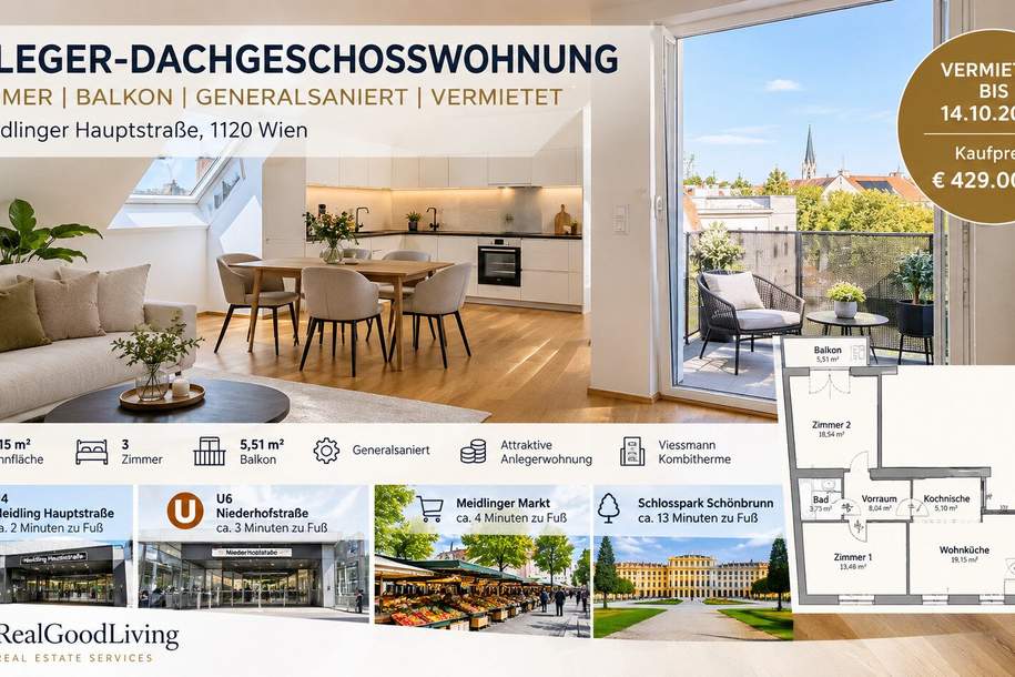 Anleger-Dachgeschoßwohnung | 3 Zimmer | Balkon | U4 & U6 fußläufig | vermietet bis 2028, Wohnung-kauf, 429.000,€, 1120 Wien 12., Meidling
