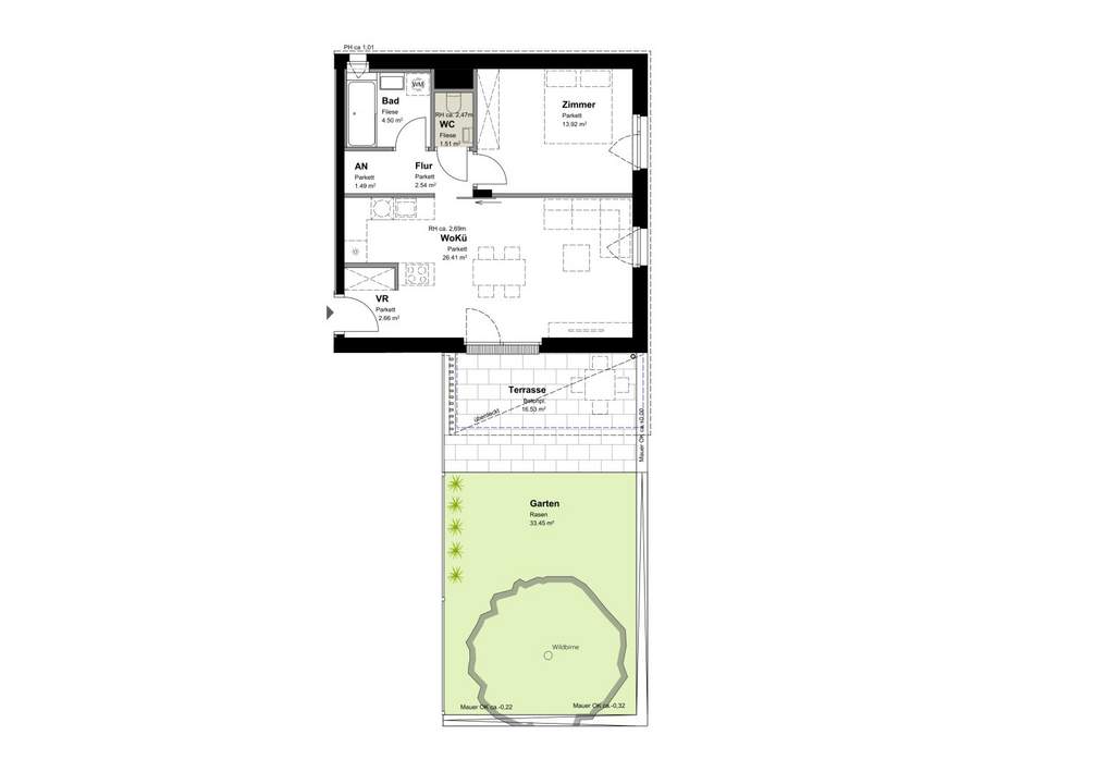 Wohnen im Wildgarten! Erstbezug! 2-Zimmer-Wohnung mit Garten zu vermieten!