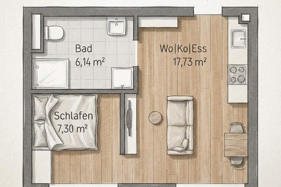 GRAZ - Gries: Leben mitten in der Stadt !! 31m² Top Erstbezug im 1.OG + Balkon, Wohnung-kauf, 157.097,€, 8020 Graz(Stadt)