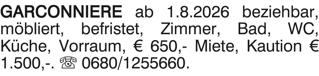 GARCONNIERE ab 1.8.2026 bezieh bar,