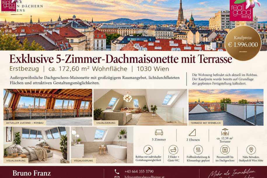 EXKLUSIVE 5-ZIMMER-DACHMAISONETTE | 173 m² | TERRASSE | ERSTBEZUG | NÄHE BELVEDERE, Wohnung-kauf, 1.996.000,€, 1030 Wien 3., Landstraße