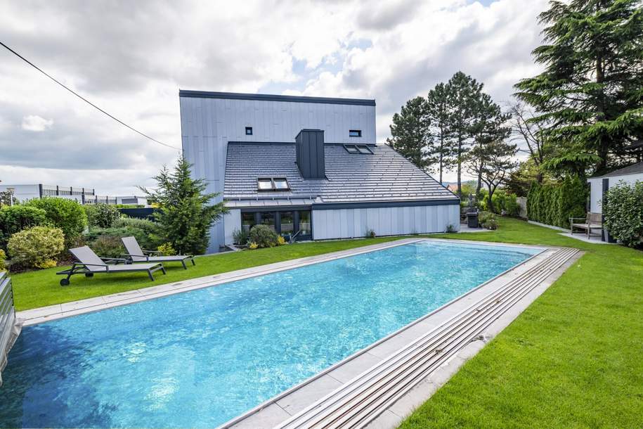 Außergewöhnliches Designerhaus mit viel Raum zur Entfaltung | 8 Zimmer, Edelstahlpool, Sauna, Weinkeller | Vereint Wohnen und Arbeiten | Barrierefrei, Haus-kauf, 1.200.000,€, 2700 Wiener Neustadt(Stadt)