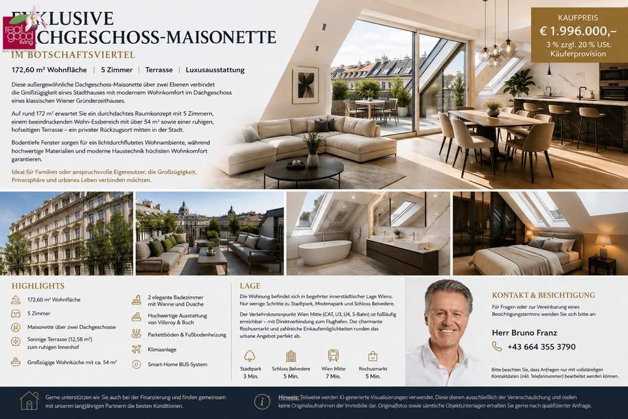 LUXUS-DACHGESCHOSS-MAISONETTE IM BOTSCHAFTSVIERTEL | 173 m² | 5 ZIMMER | TERRASSE, Wohnung-kauf, 1.996.000,€, 1030 Wien 3., Landstraße