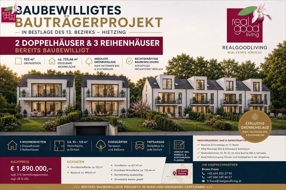 BAUBEWILLIGTES BAUTRÄGERPROJEKT IN TOPLAGE VON HIETZING – 2 DOPPELHÄUSER &amp; 3 REIHENHÄUSER BEREITS GENEHMIGT!, Grund und Boden-kauf, 1.890.000,€, 1130 Wien 13., Hietzing
