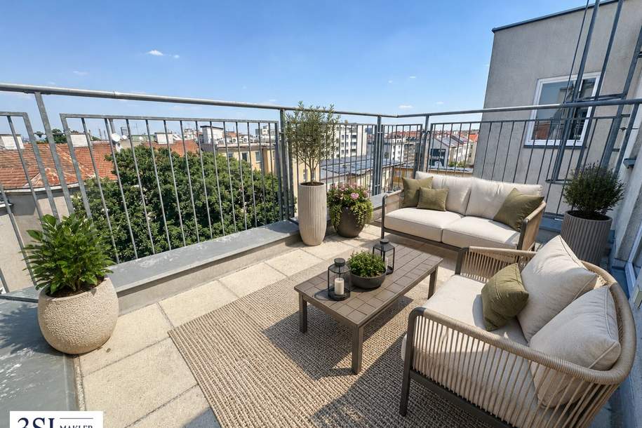 Eine Dachterrasse der Sonderklasse - Lichtdurchflutete 3-Zimmer-DG-Wohnung - in ruhiger Seitenstraße des 12. Bezirks, Wohnung-kauf, 489.000,€, 1120 Wien 12., Meidling