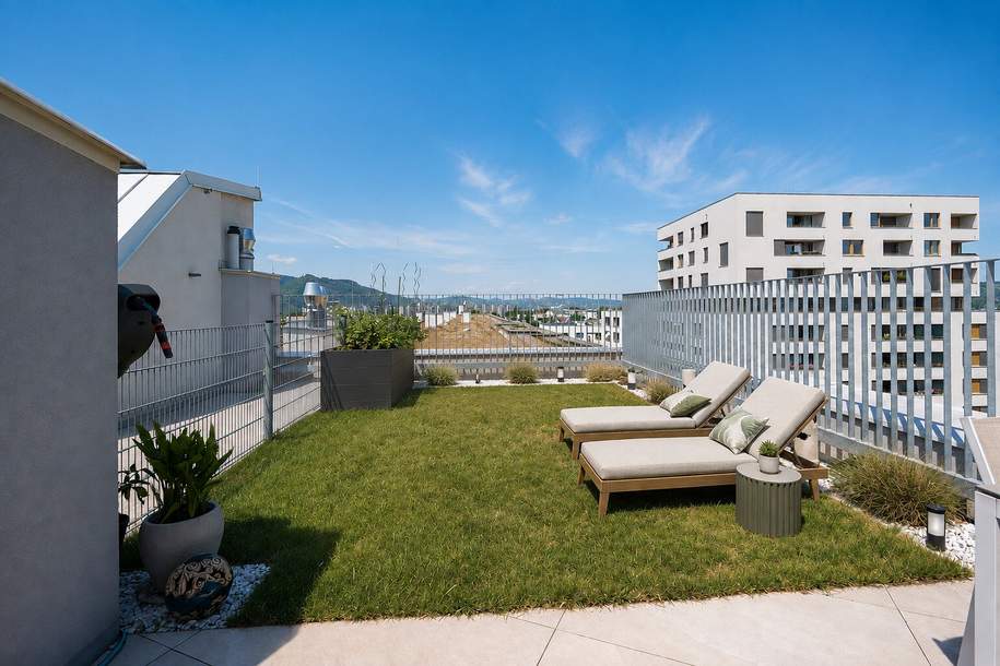 Urlaubsfeeling | Dachterrasse m. Pergola, Garten u. privaten Zugang zum Rooftop-Pool | Familienfreundliche Anlage | DAN Küche l Tiefgarage, Wohnung-kauf, 649.000,€, 1210 Wien 21., Floridsdorf