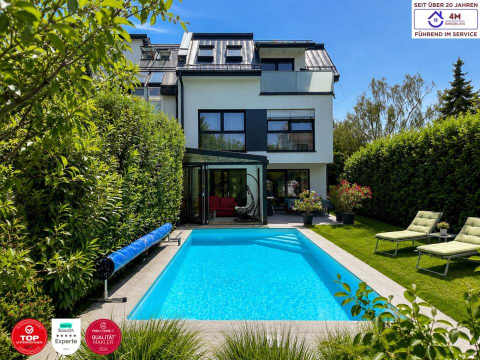 Moderne Designvilla mit Pool, Wintergarten, Kamin - Massivbau in Toplage mit perfekter Anbindung an die U6 (550 m) und Badner Bahn (350 m)