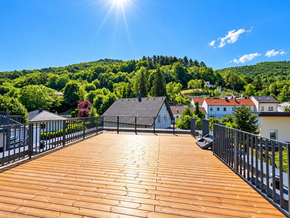 MODERNE ERSTBEZUG HÄUSER mit Grün- &amp; Weitblick | Nähe Wien I Panorama-Dachterrasse &amp; Garten I 2 überdachte Stellplätze I Luftwärmepumpe &amp; Smart Home