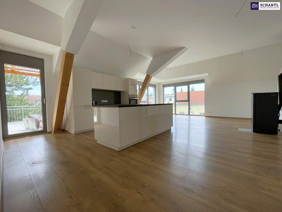 Großzügig. Hell. Ungestört. Penthouse-Feeling mit riesigen Fensterfronten und 40 m² großer Terrasse im Zentrum von Unterwaltersdorf!