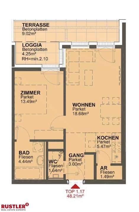 2 Zimmer Wohnung mit Terrasse und Blick zum Marchfeldkanal