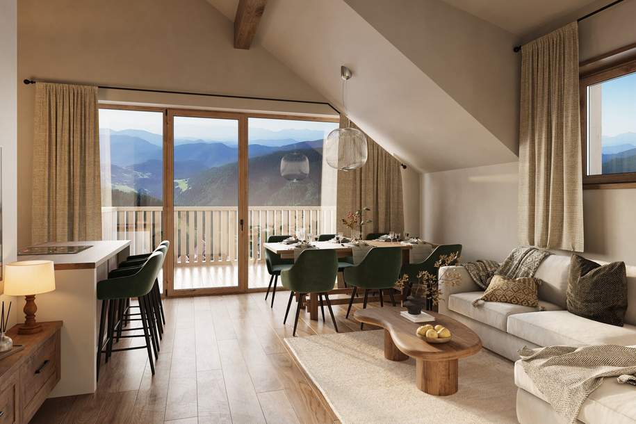 Kärnten: Hochrindl-Nähe Turracher Höhe: Zweitwohnsitz! Erstbezug! Honorarfrei für Käufer: innen! Einzigartiger Blick auf über 1600m Seehöhe!, Wohnung-kauf, 553.162,€, 9571 Feldkirchen