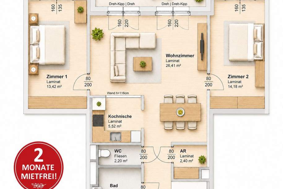 2 MONATE MIETFREI | Charmantes Zuhause mit Balkon, Wohnung-miete, 1.050,77,€, 8020 Graz(Stadt)