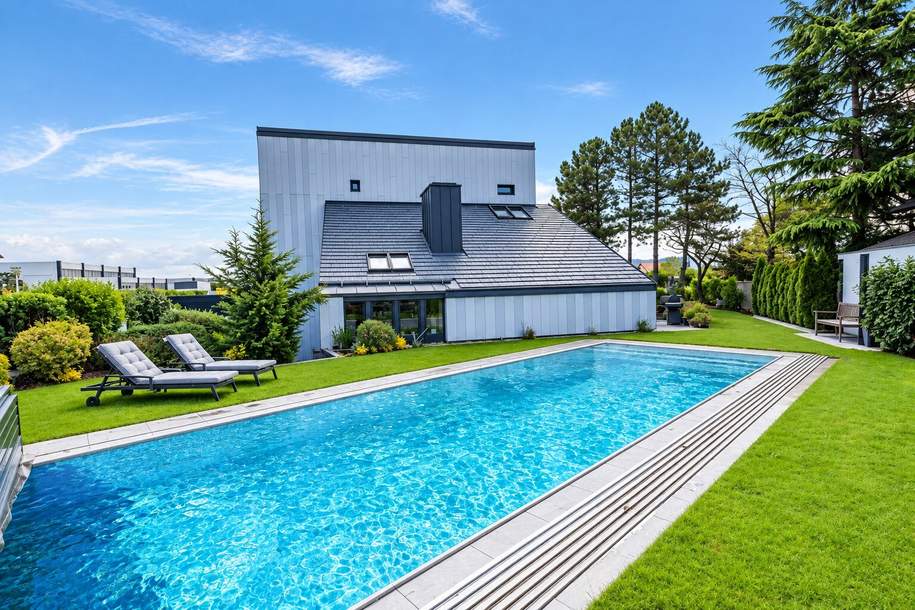 Alles möglich! Vom exklusiven Wohntraum bis zum Highclass-Firmenstandort (oder beides in einem) | Designerhaus mit traumhaftem Garten | Edelstahlpool, Sauna, Weinkeller | Doppelgarage, zwei Eingänge, Gewerbeobjekt-kauf, 995.000,€, 2700 Wiener Neustadt(Stadt)
