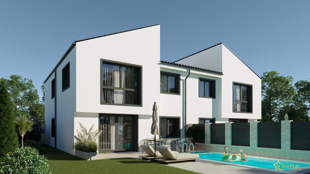 LUXURIÖSES ARCHITEKTENHAUS! SWIMMING POOL, ZIEGELMASSIVBAUWEISE, KLIMAVORBEREITUNG. PROVISIONSFREI für den Käufer.