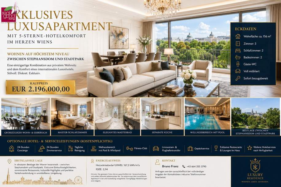 Exklusives Luxusapartment mit 5-Sterne-Hotelkomfort im Herzen Wiens ! ++ Wellness und Conciergeservice, Voll möbliert, Wohnung-kauf, 2.196.000,€, 1010 Wien 1., Innere Stadt