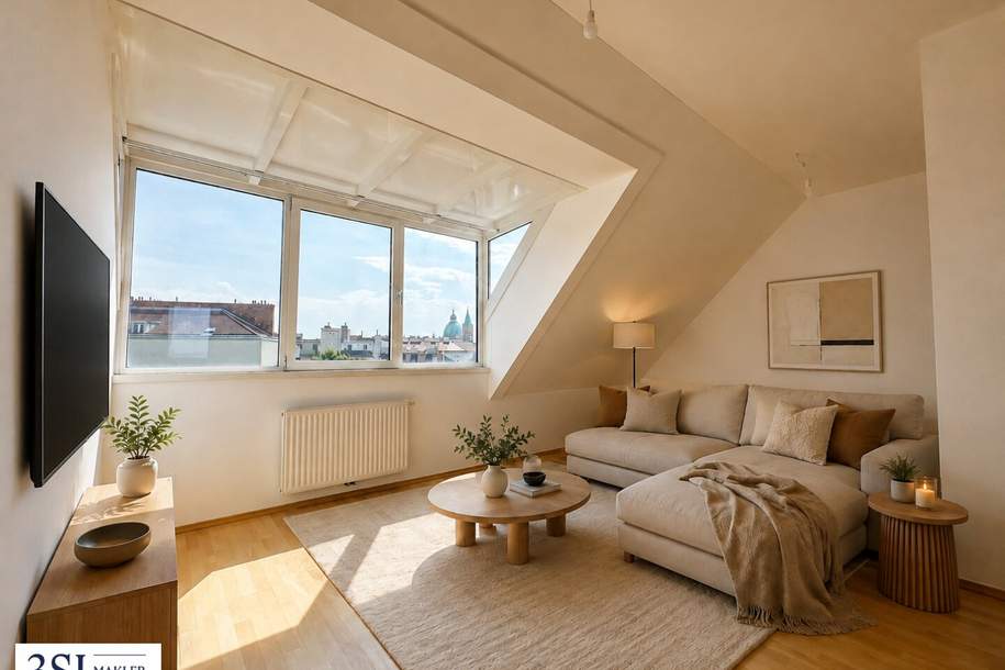 Hell, klimatisiert, großzügig - 2-Zimmer-Dachgeschosstraum in ruhiger Seitenstraße des 10. Bezirks - mit allgemeiner Dachterrasse, Wohnung-miete, 1.222,29,€, 1100 Wien 10., Favoriten
