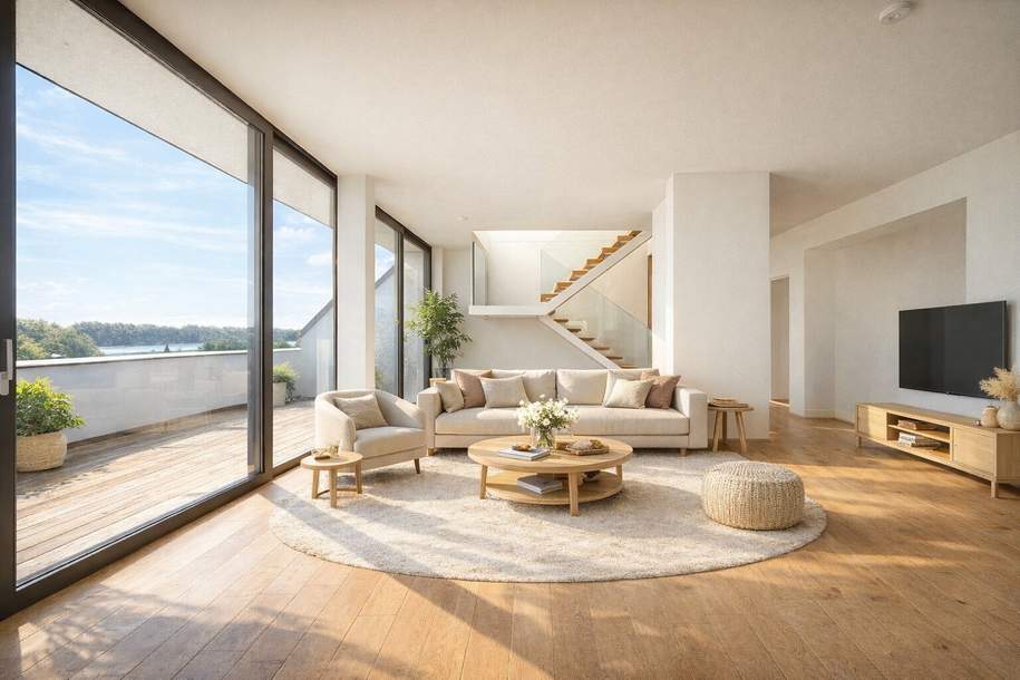 ERSTBEZUG MIT BADESTEG AM WASSER: Ruhelage mit Fernblick über die Donau I großzügige Terrassen I ca. 100 m² Wohnküche I 2 Garagenplätze &amp; 2 Kellerabteile, Wohnung-kauf, 1.790.000,€, 1190 Wien 19., Döbling