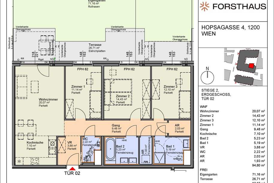 "WOHNEN NÄHE DONAUKANAL" - GARTENWOHNUNG mit 4 Zimmern - Ertbezug, Wohnung-kauf, 603.000,€, 1200 Wien 20., Brigittenau