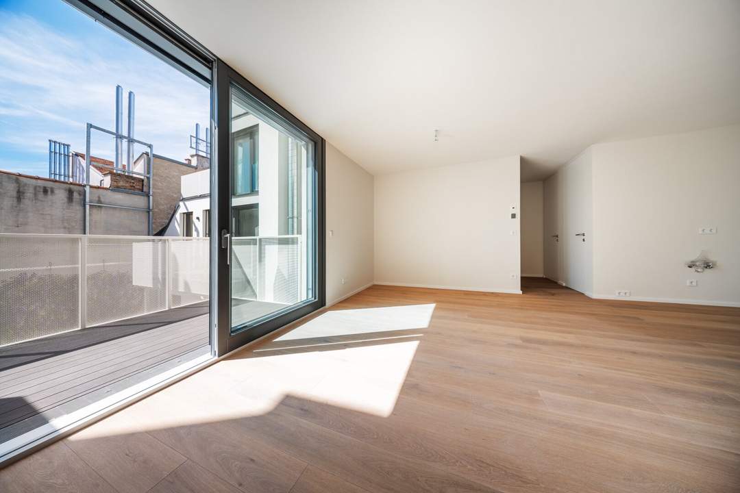 ESSENZ NO. 1 - 2-Zimmer-Erstbezug (69 m²) + Schrankraum | 6 m² Balkon, 1. DG mit wenig Schrägen