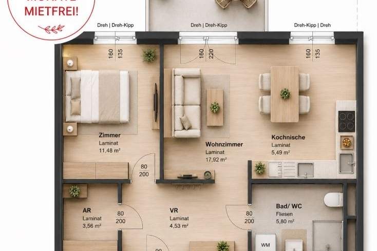 Special-Angebot: 2 MONATE MIETFREI - Moderne 2-Zimmer-Wohnung mit Balkon, Wohnung-miete, 624,91,€, 8020 Graz(Stadt)