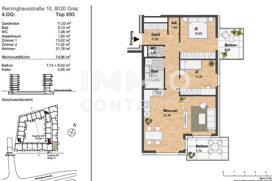 AKTION: 1. MONAT MIETFREI: SONNIGE 3-ZIMMERWOHNUNG MIT SÜDBALKON IM NEUEN STADTTEIL REININGHAUS, Wohnung-miete, 1.199,00,€, 8020 Graz(Stadt)