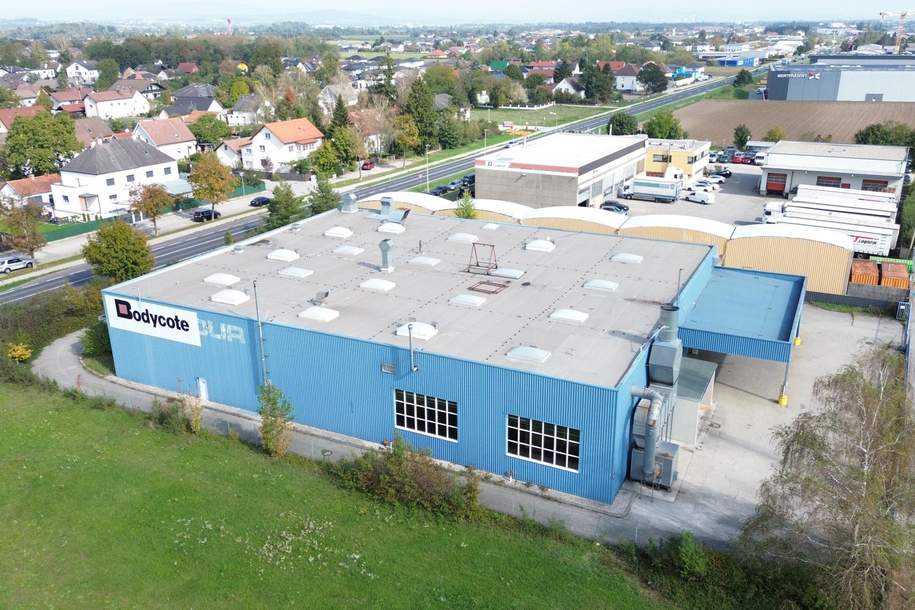 Lager-/Produktionshalle mit Büro in Toplage direkt an der B 1 mit 2500 KVA Stromleistung und Hausbrunnen, Gewerbeobjekt-kauf, 4614 Wels-Land