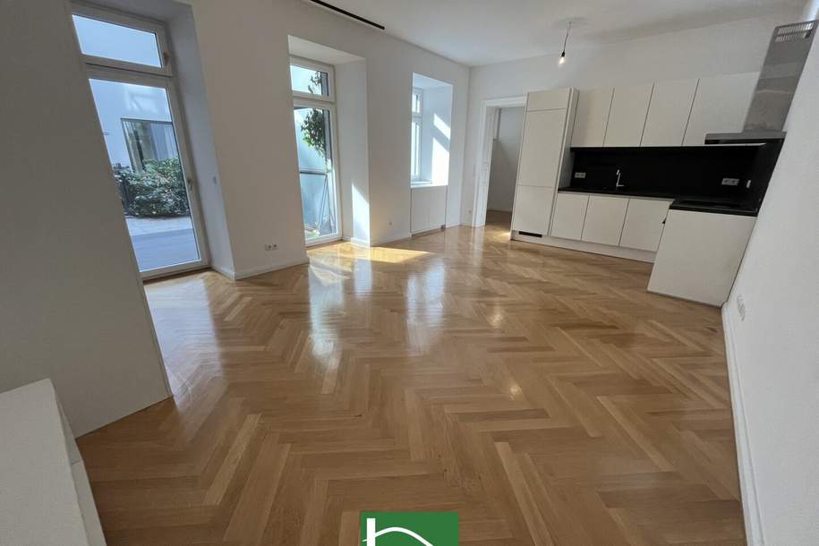 CHARMANT WOHNEN IN BEGEHRTER RUHELAGE! ALTBAU-WOHNUNG MIT TERRASSE &amp; GARTEN &amp; ATRIUM! HOFRUHELAGE! SANIERT! Hochwertig inkl. Küche! Gelungener Grundriss!, Wohnung-kauf, 494.900,€, 1060 Wien 6., Mariahilf