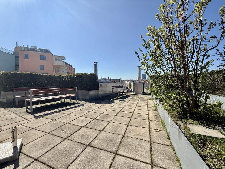 Dachterrasse mit Blick über Wien & Sauna in der Anlage I zukünftige U2 & Einkaufsmöglichkeiten in direkter Umgebung I