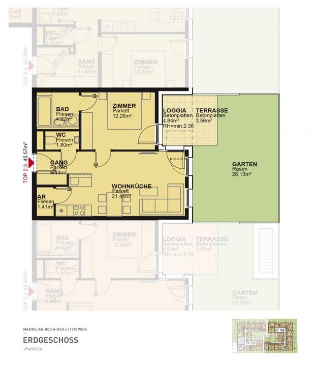 2-Zimmer-Wohnung mit hochwertiger Küche, 37m² Garten, Terrasse und Loggia Außenfläche und Kellerabteil / MAX4 T2-03