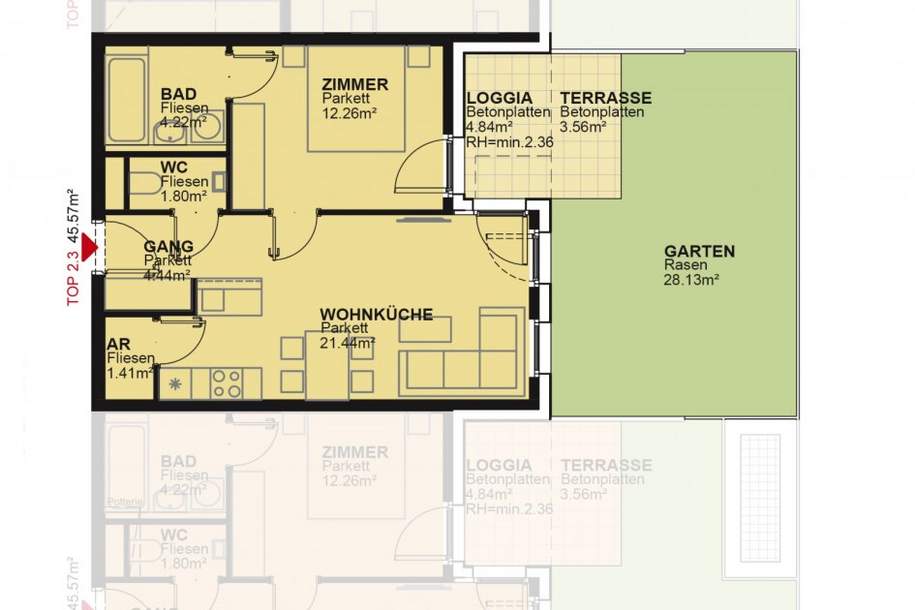 2-Zimmer-Wohnung mit hochwertiger Küche, 37m² Garten, Terrasse und Loggia Außenfläche und Kellerabteil / MAX4 T2-03, Wohnung-miete, 799,99,€, 1210 Wien 21., Floridsdorf