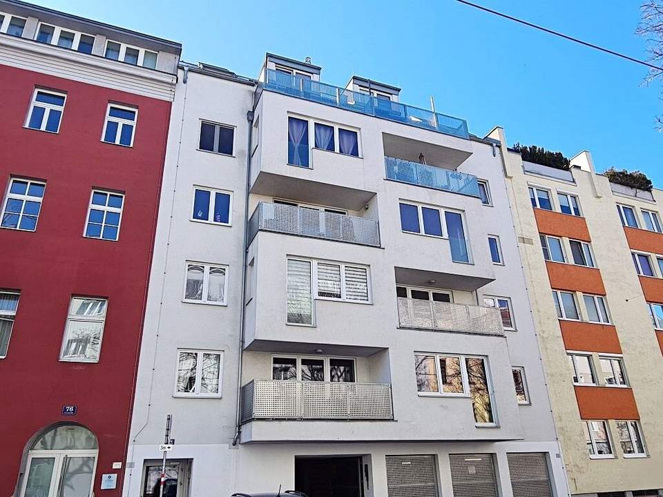 LORYSTRASSE, U3-Nähe, 61 m2 Neubau mit 45 m2 Terrasse, 2 Zimmer, Einbauküche, Wannenbad, Garage möglich, 3. Liftstock