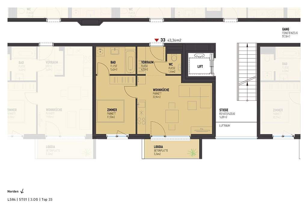 2-Zimmer-Wohnung Neubau mit 5,26m² Loggia Außenfläche und Kellerabteil mit Bahnhof Floridsdorf in Gehweite /LS84 Top 33