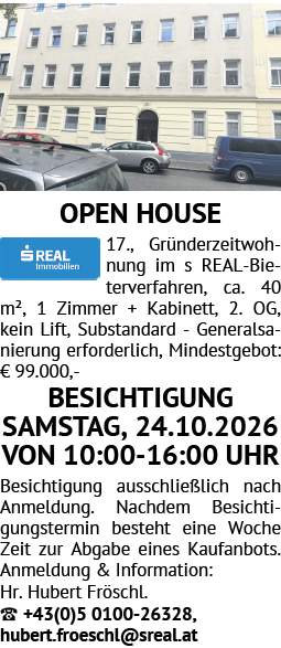 OPEN HOUSE 17., Gründerzeitwohnung im s REAL-Bieterverfahren, ca. 40 m², 1 Zimmer + Kabinett, 2