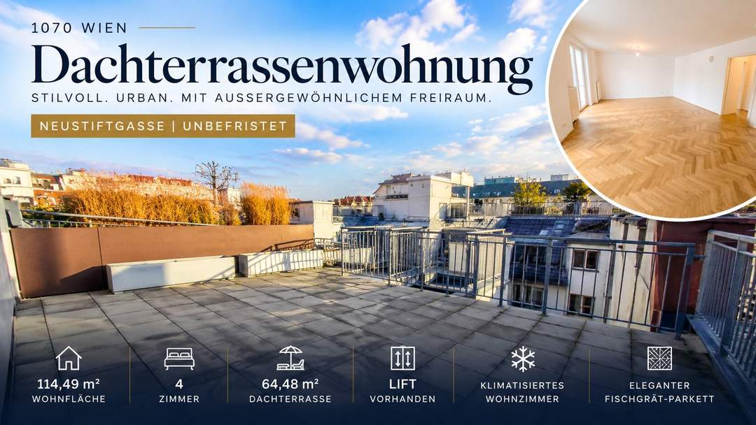 Stilvolle Dachterrassenwohnung in der Neustiftgasse – 4 Zimmer, 64 m² Dachterrasse und unbefristete Vermietung