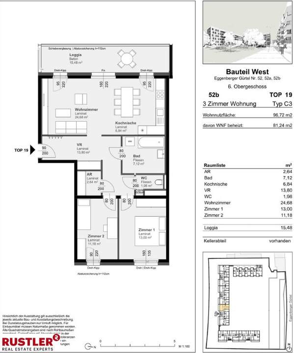 Provisionsfrei Mordene 3 - Zimmerwohnung mit Loggia