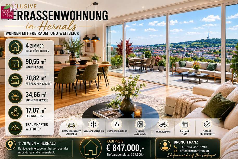 FAMILIENWOHNUNG MIT XXL-FREIFLÄCHEN IN BESTER AUSSICHTSLAGE |+ 4 ZIMMER + TERRASSE, BALKONE &amp; EIGENER GARTEN, Wohnung-kauf, 847.000,€, 1170 Wien 17., Hernals
