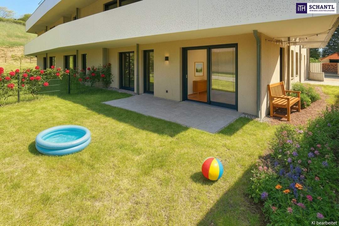 FIRE SALE! Barfuß ins Gras. Direkt vom Wohnzimmer aus. Den Sommer bereits im eigenen Garten verbringen! TOP Neubauwohnung mit viel Freiraum! 3 Zimmer + Grün wohin das Auge reicht + Luftwärmepumpe!